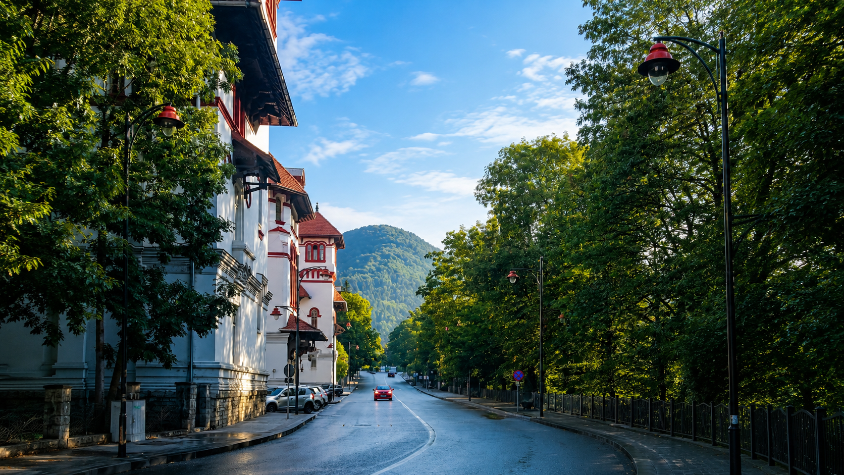 The uphill route from Sinaia railway station toward Peleș Castle and the royal estate in Romania.