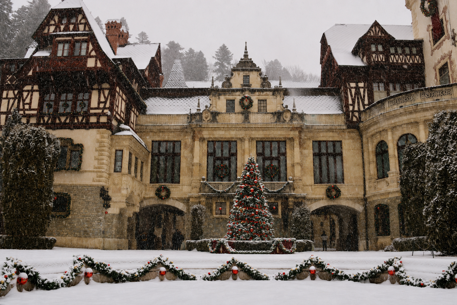 Pelișor Castle viewed from the royal grounds approaching from Sinaia station